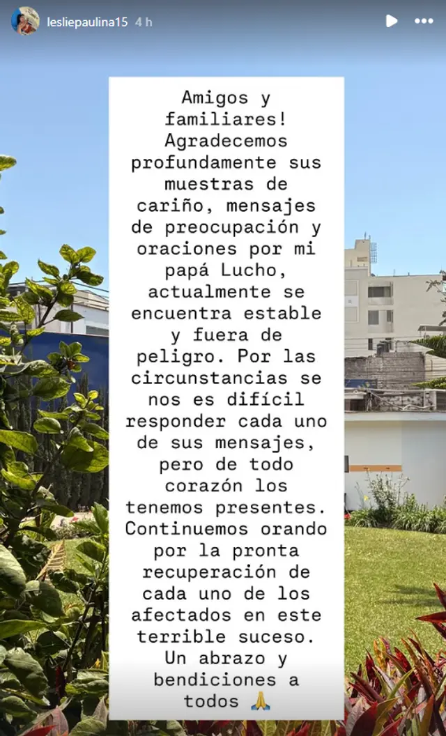 Mensaje de Leslie Quiroga. Foto: Instagram.   