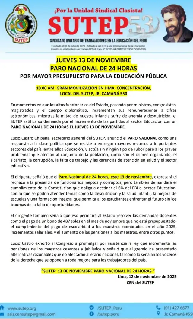 Comunicado del Sutep.   