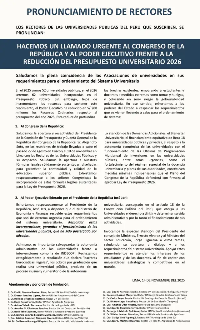 Pronunciamiento de rectores ASUP.   