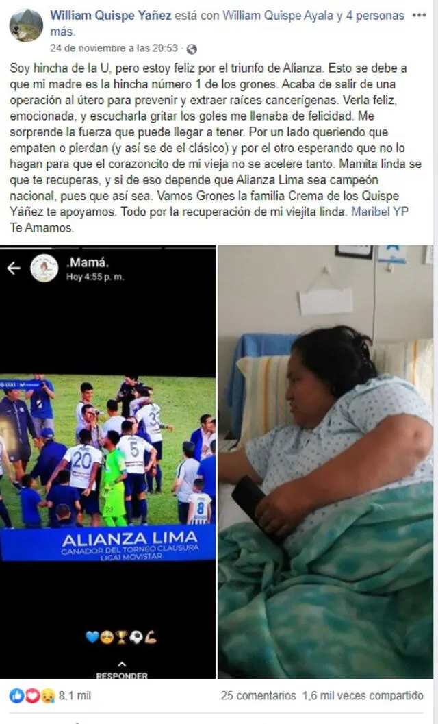 Alianza Lima: hincha de Universitario celebra el triunfo blanquiazul por el estado de salud de su madre.
