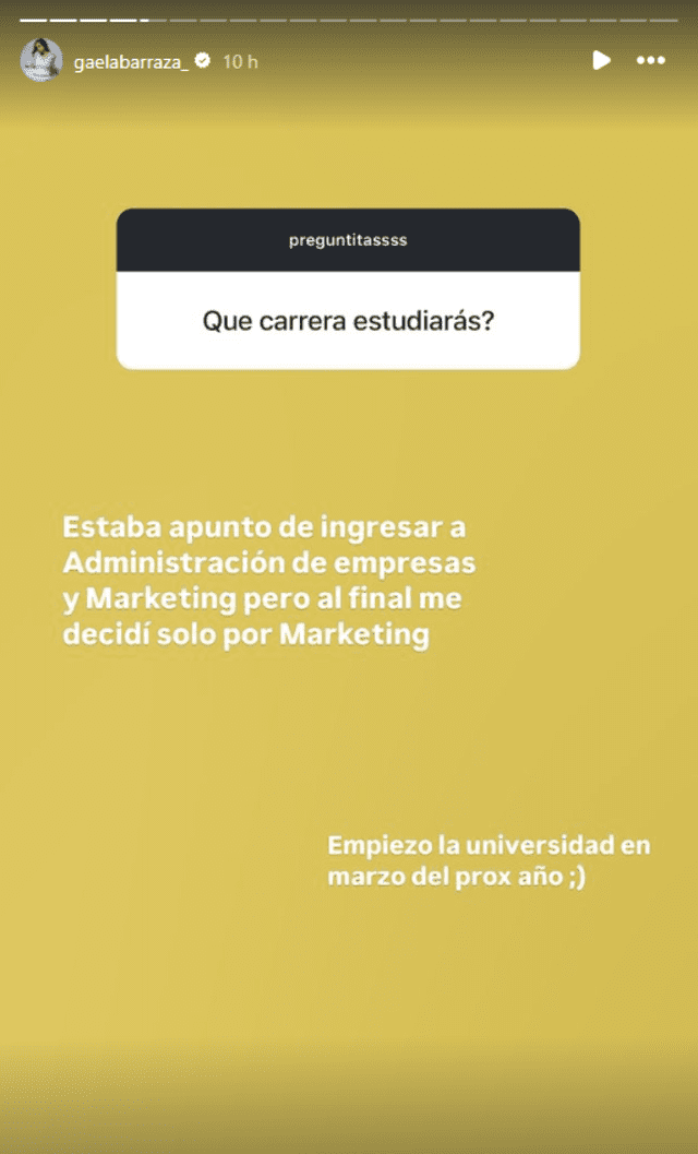 Gaela Barraza cuenta que se decidió por estudiar Marketing. Foto: captura de Instagram   