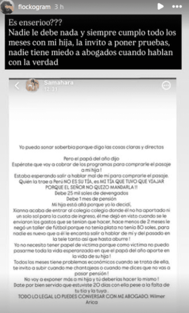 Comunicado de Samahara. Foto: captura Instagram   