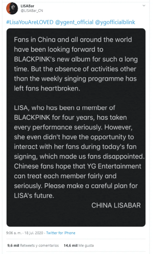 Respuesta de la fanbase china de Lisa sobre la poca interacción con la cantante durante el fansing online con BLACKPINK. Crédito: captura Twitter