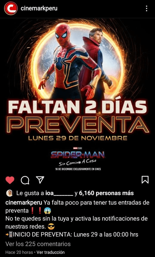 Spider-Man 3, hora de preventa. Foto: Instagram / Cinemarkperu
