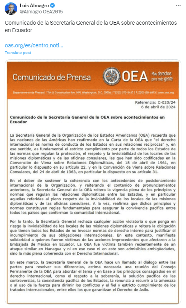 La OEA mostró su inconformidad con los hechos que se dieron en la embajada de México en Ecuador. Foto: X/@Almagro_OEA2015   
