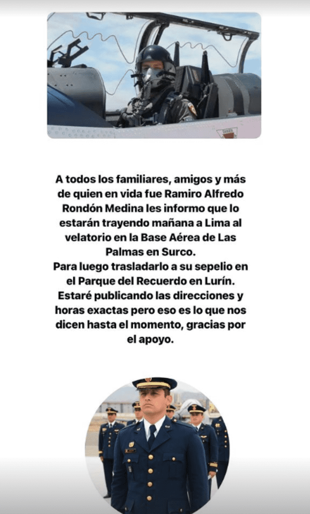 Sepelio de piloto Rondón se realizará en Lurín. Foto: difusión   