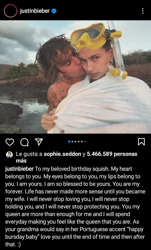 Justin Bieber usó su cuenta de Instagram para celebrar el cumpleaños número 25 de su esposa, Hailey Bieber