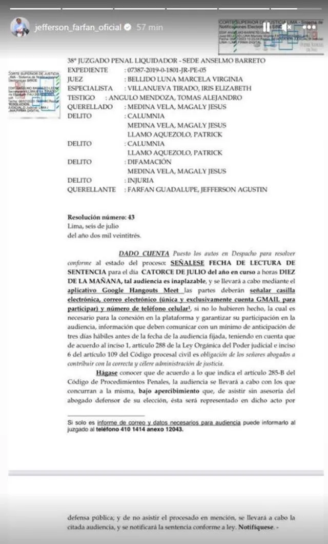 Documento enviado por la Corte Superior de Justicia de Lima. Foto: Instagram / Jefferson Farfán.   