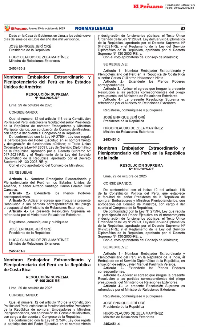  Ratificación de Alfredo Ferrero como Diez Canseco como embajador de Perú en Estados Unidos   