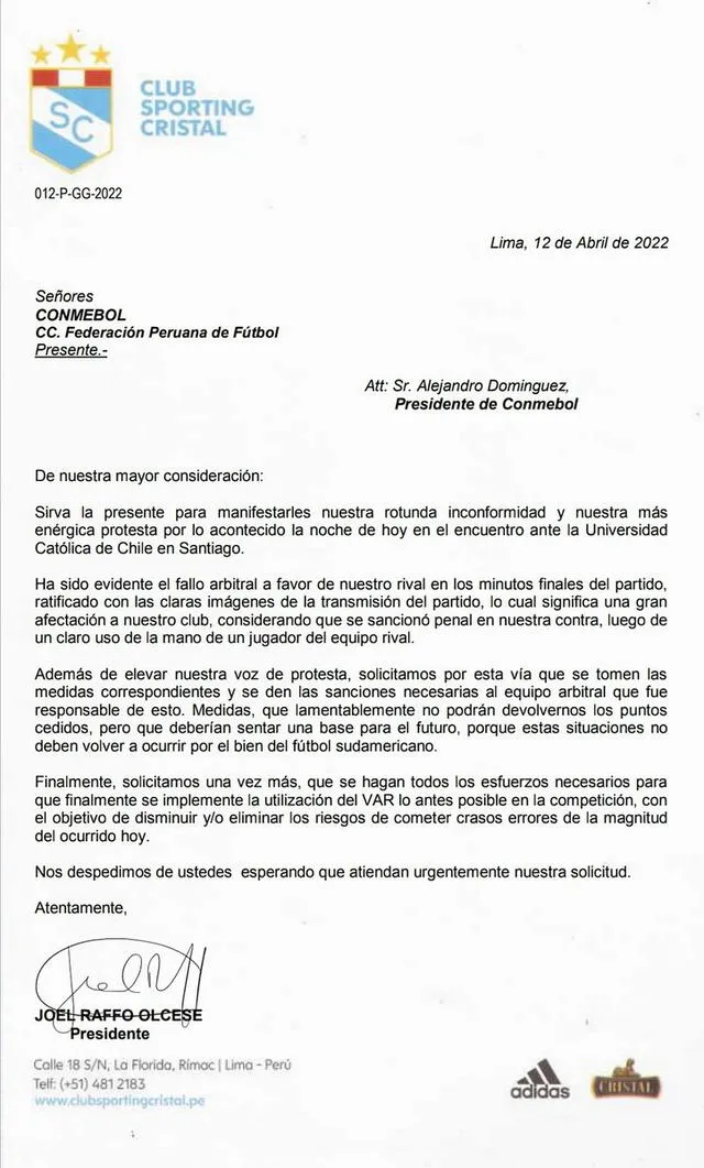 Sporting Cristal manifestó su queja contra el equipo arbitral en Libertadores. Foto: Sporting Cristal
