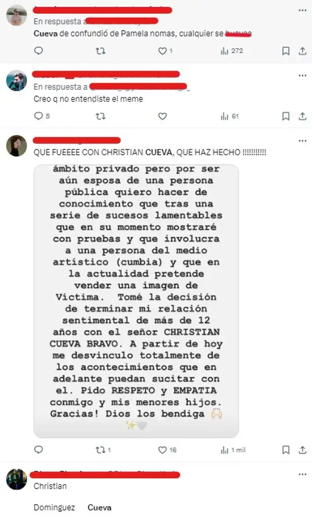 Tuits sobre Christian Cueva. Foto: captura de X Tuits sobre Christian Cueva. Foto: captura de X