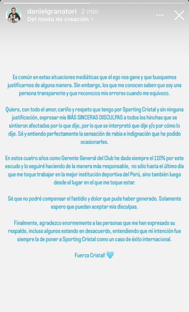 Publicación de Daniel Graña. Foto: Instagram. 