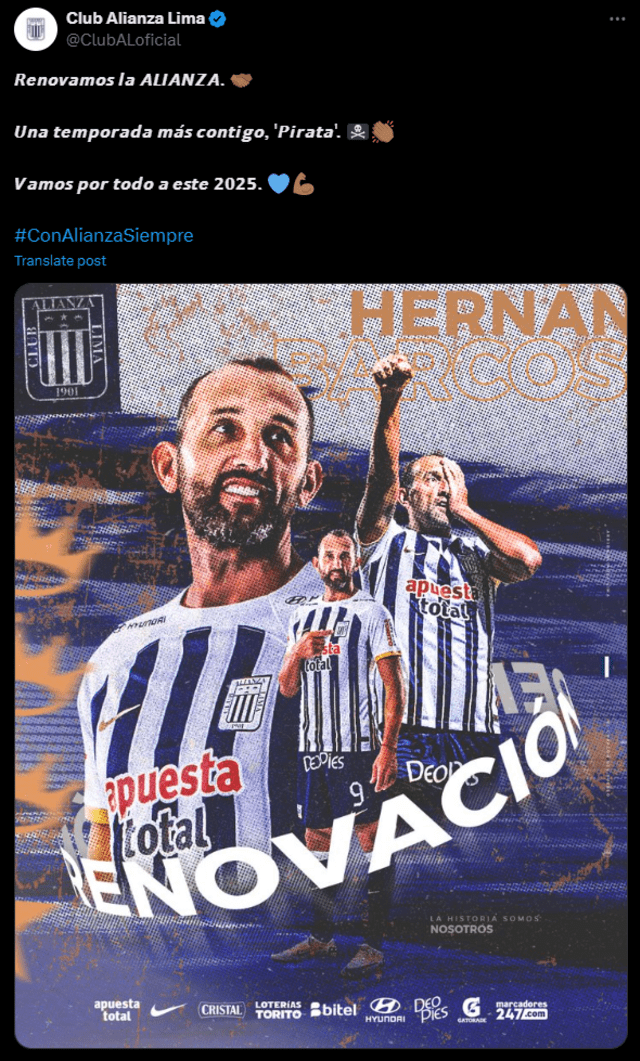  Alianza Lima anunció en sus redes sociales la renovación del contrato de Hernán Barcos por todo el 2025. Foto: captura    