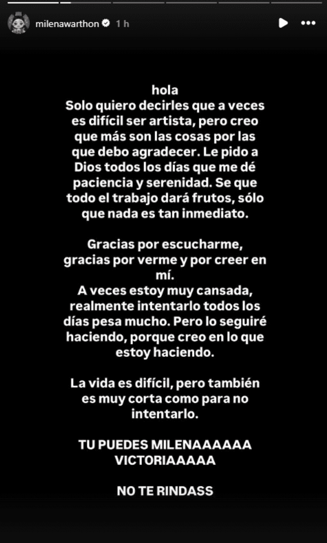 Mensaje de Milena Warthon. Foto: Instagram Mensaje de Milena Warthon. Foto: Instagram