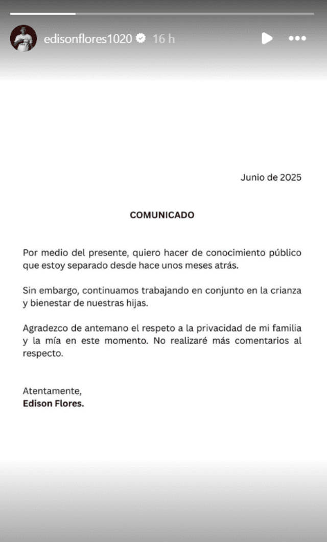 Edison Flores anunció en Instagram su separación de Ana Siucho, confirmando que llevan varios meses distanciados y pidiendo respeto por la privacidad de su familia. Foto: Instagram Edison Flores anunció en Instagram su separación de Ana Siucho, confirmando que llevan varios meses distanciados y pidiendo respeto por la privacidad de su familia. Foto: Instagram