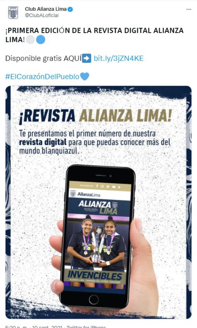 Anuncio de la primera edición de la revista digital de Alianza Lima. Foto: captura Twitter
