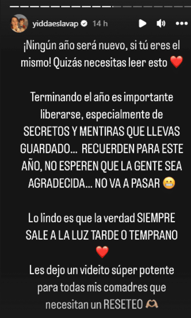 Yiddá comparte curioso mensaje. Foto: captura de Instagram/Yiddá Eslava   