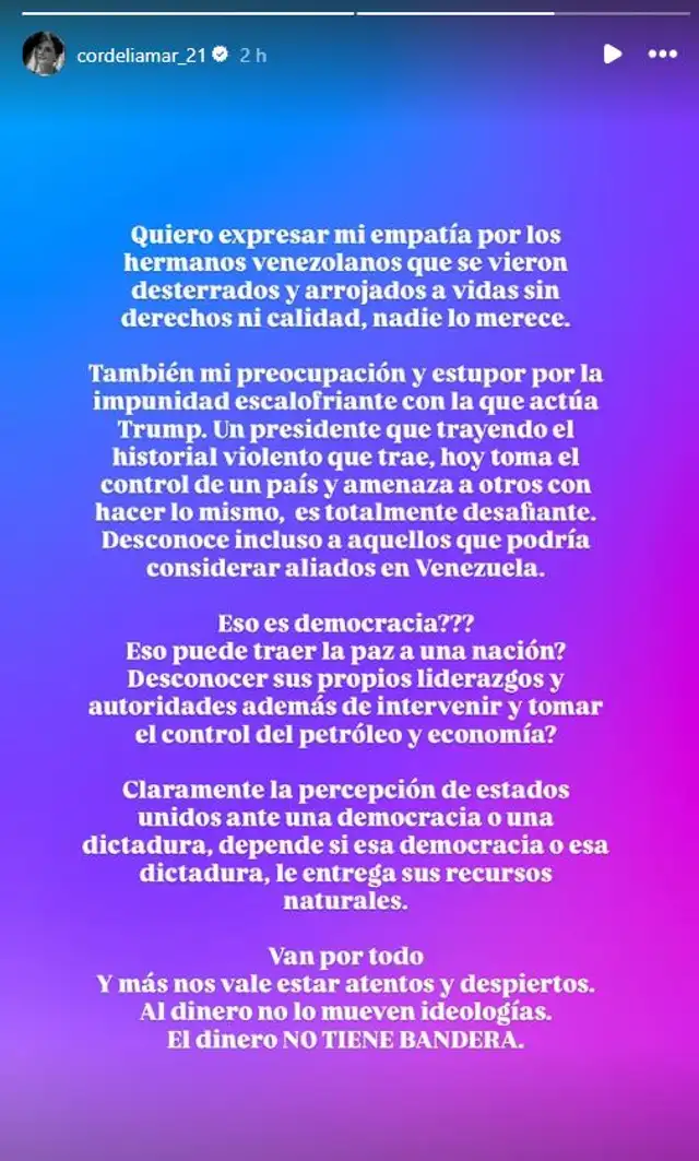 Mensaje de Mónica Sánchez. Foto: Instagram   