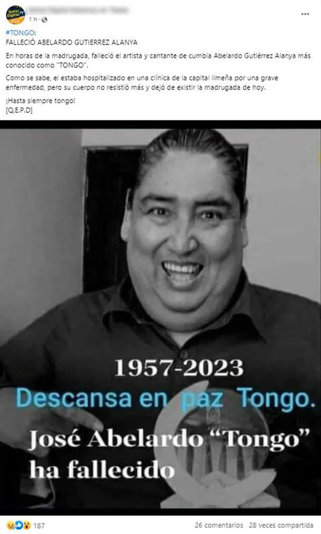  Post sobre la supuesta muerte de Tongo. Foto: captura en Facebook   