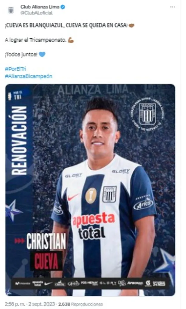 Anuncio de la continuidad de Cueva en el club íntimo. Foto: captura de Alianza Lima/X   