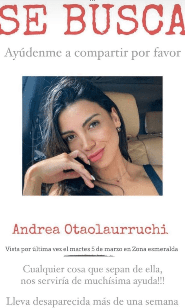 Este fue el cartel de búsqueda que han publicado las celebridades e influencers en redes sociales para encontrar a Andrea Otaulaurruchi. Foto: Instagram   