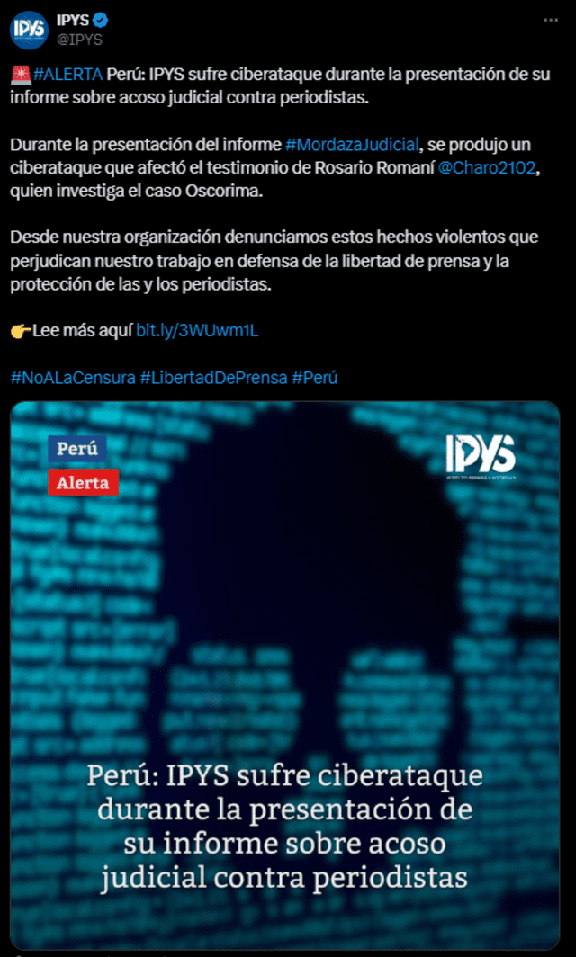  IPYS se pronuncia luego de sufrir ciberataque. | Foto: IPYS / X.   