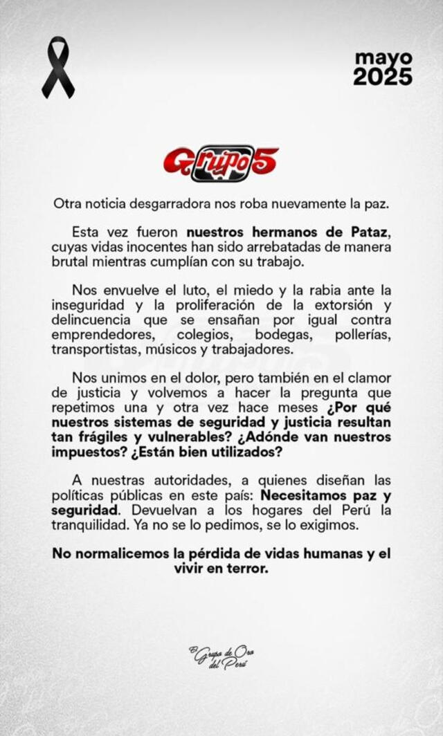 Comunicado de Grupo 5. Foto: Instagram Comunicado de Grupo 5. Foto: Instagram