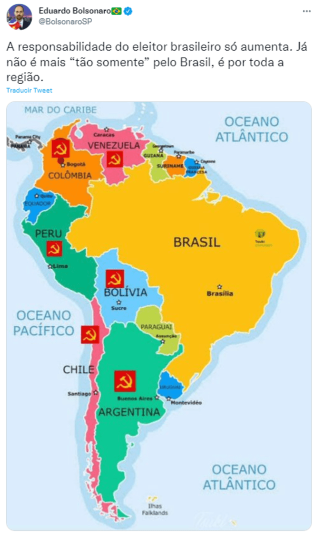 El particular mapa del hijo de Bolsonaro donde marca a Perú como país comunista
