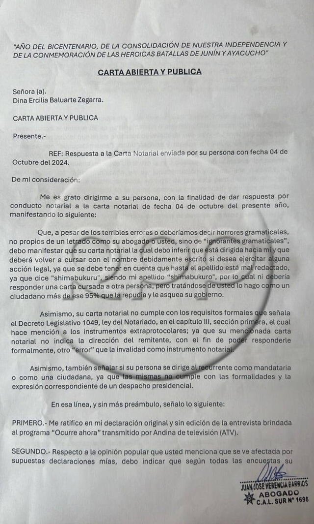 Carta abierta y publica de Henry Shimabukuro hacia la jeda de Estado Dina Boluarte. Foto: RPP/X.   