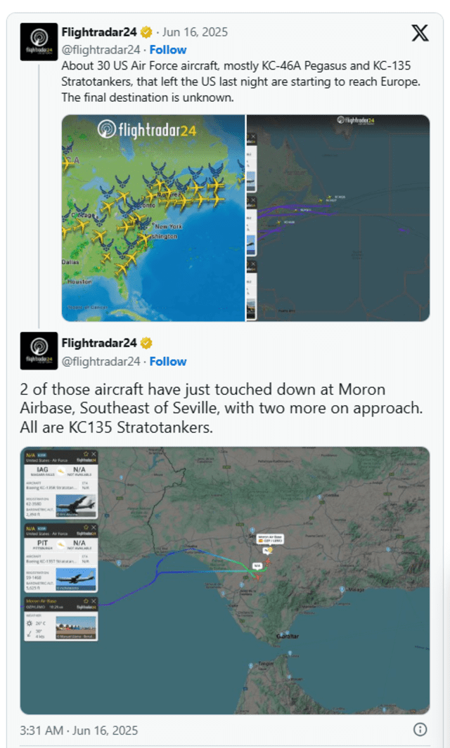 Flight Radar 24 publicó las rutas de los aviones. Foto: Captura de X. Flight Radar 24 publicó las rutas de los aviones. Foto: Captura de X.