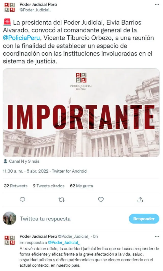 Presidenta del Poder Judicial solicitó una reunión con el comandante de la PNP. Foto: Poder_Judicial_/Twitter