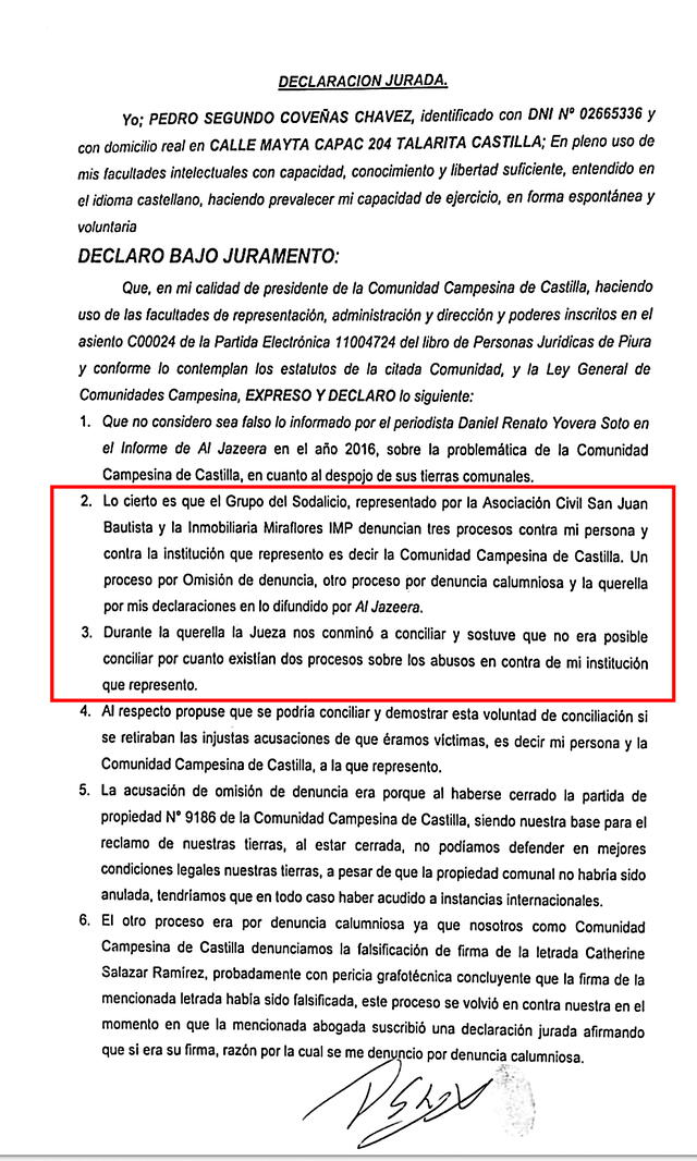 Declaración jurada de Pedro Segundo Coveñas Chavez. Fuente: La República   