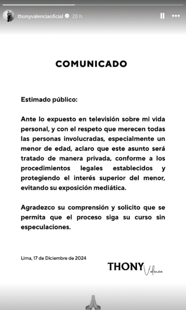  Comunicado de Thony Valencia tras acusación de paternidad. Foto: Instagram   