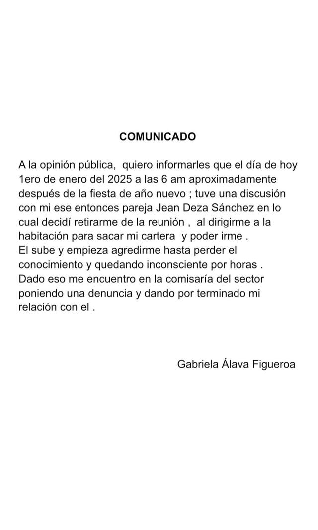  Comunicado de Gabriela Álava. Foto: Instagram 