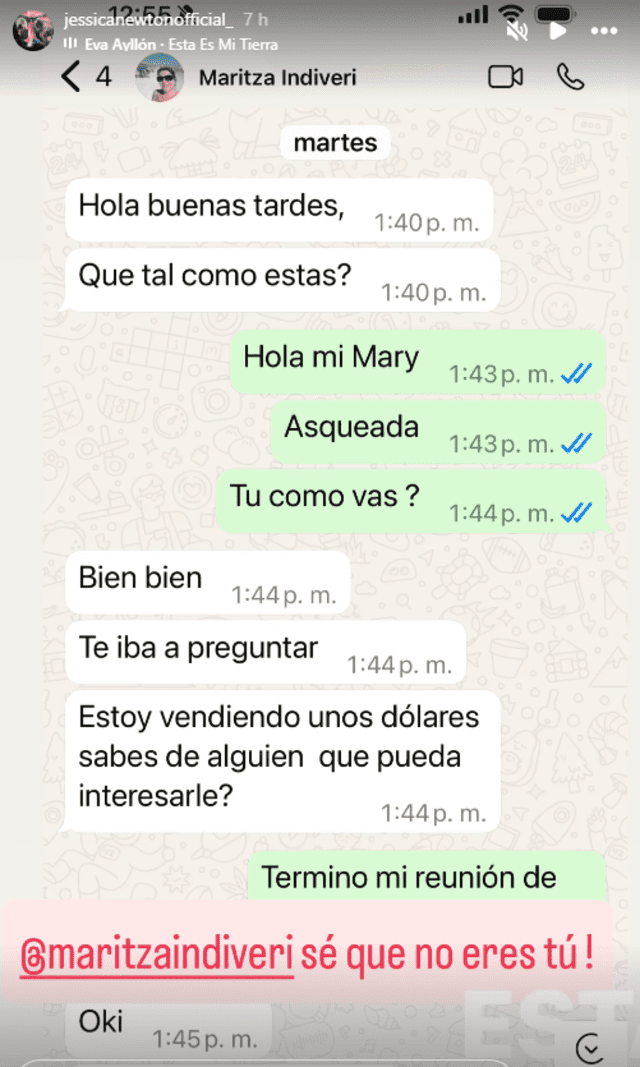Chat que expuso Jessica Newton. Foto: Instagram.   