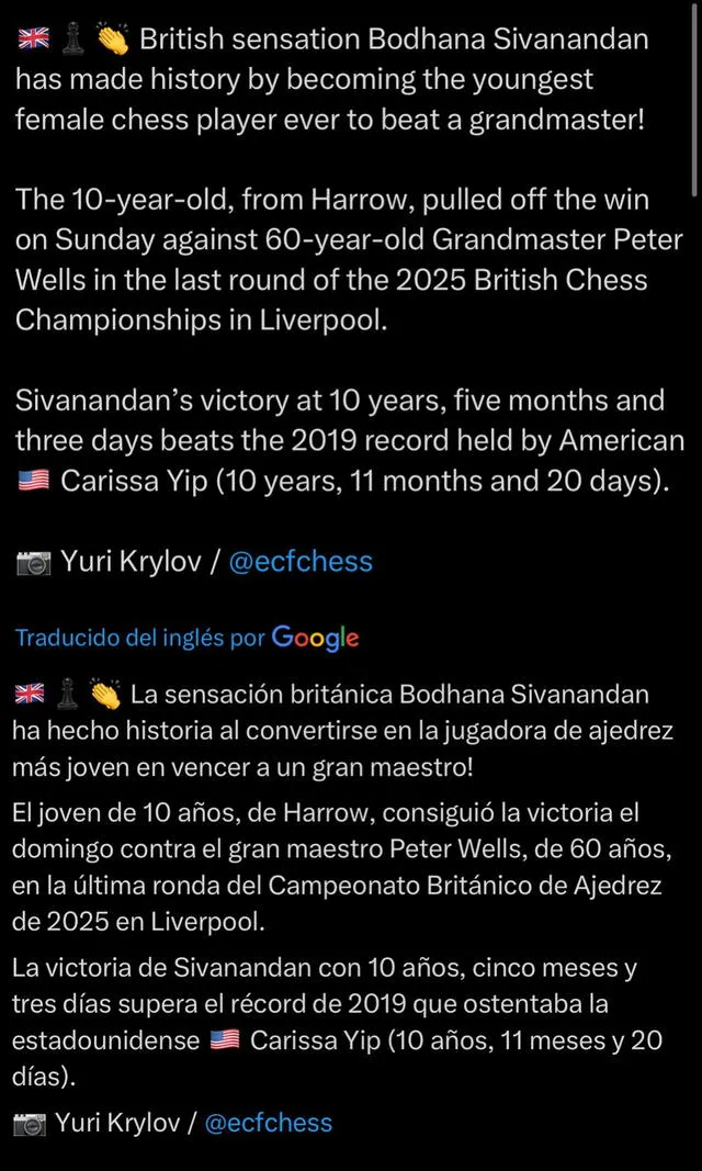 Así fue el anuncio del récord de Bodhan Sivanandan, la niña de 10 años que venció a un gran maestro. Foto: X Así fue el anuncio del récord de Bodhan Sivanandan, la niña de 10 años que venció a un gran maestro. Foto: X