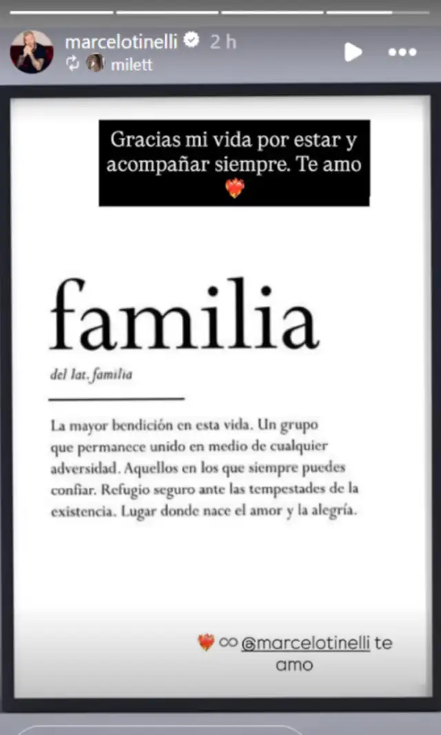 Publicación de Milett Figueroa a favor de Marcelo Tinelli. Foto: Instagram   