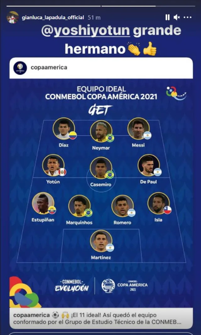 Lapadula felicitó a Yotún por integrar el once ideal de la Copa América 2021.