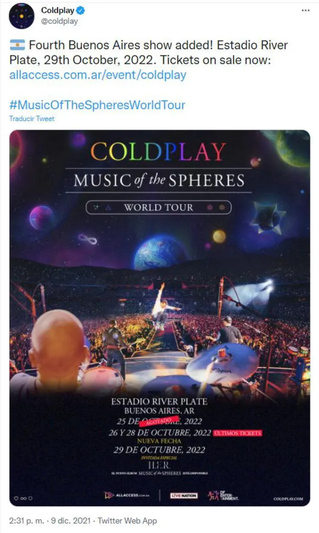 Coldplay agrega una fecha extra a sus presentaciones en Argentina. Foto: captura de Twitter
