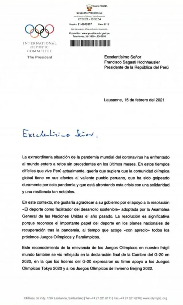 Carta del presidente del Comité Olímpico Internacional