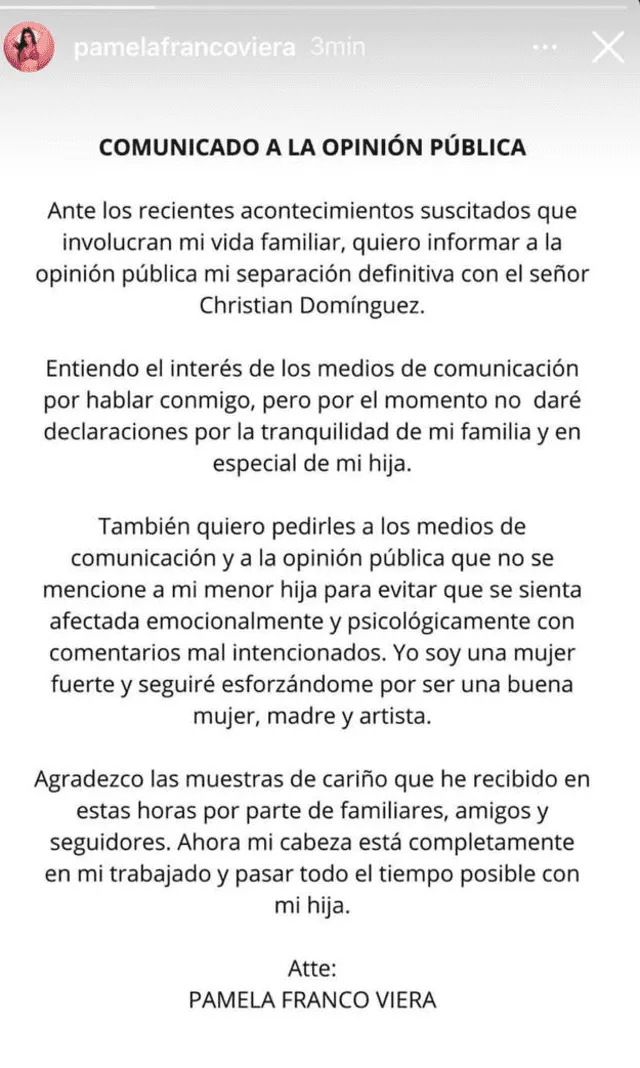 Mensaje completo de Pamela Franco sobre la infidelidad de Christian Domínguez. Foto: captura de pantalla   