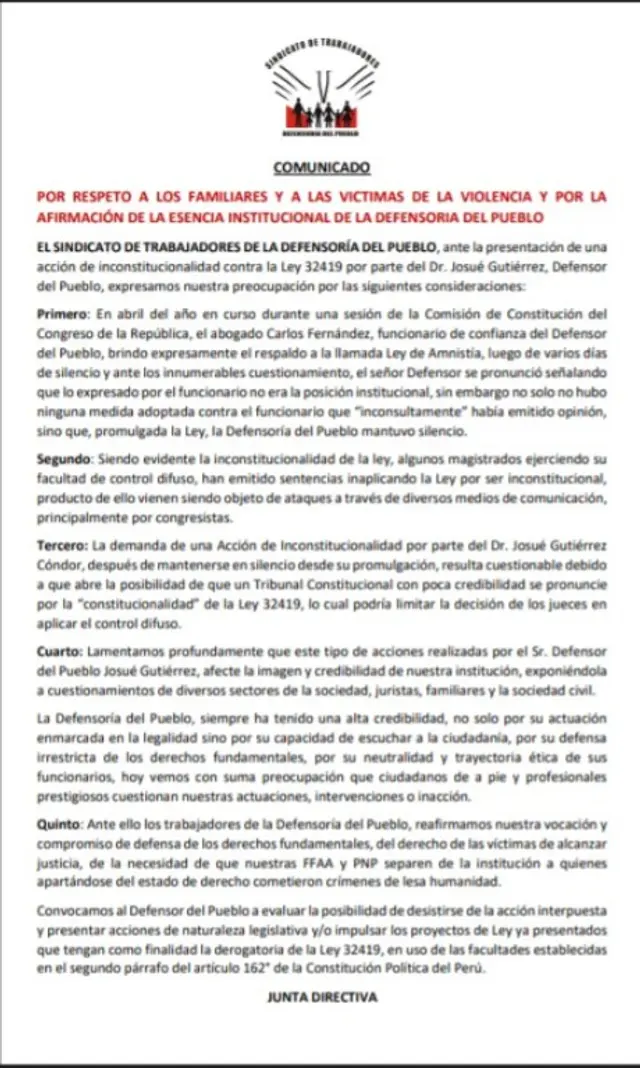  Comunicado del sindicato de trabajadores.   