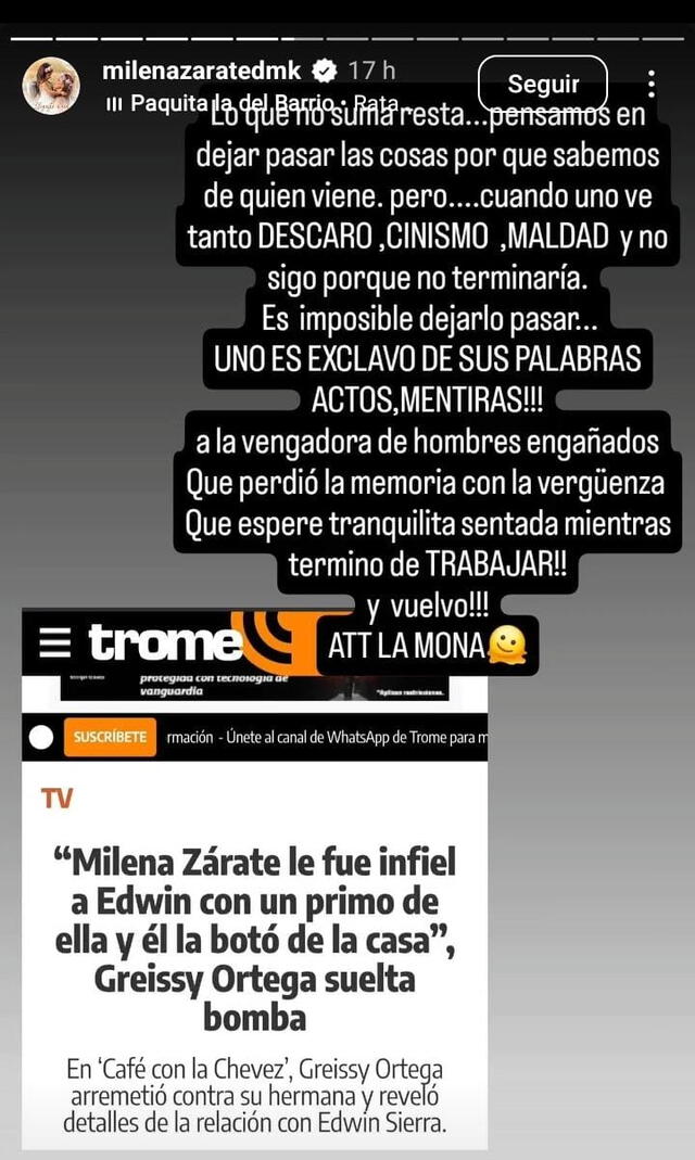 Historia de Instagram de Milena Zárate. Foto: Captura de pantalla Historia de Instagram de Milena Zárate. Foto: Captura de pantalla