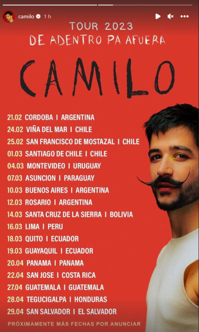 Camilo arrancará su nueva gira de conciertos durante febrero del 2023. Foto: Instagram Camilo