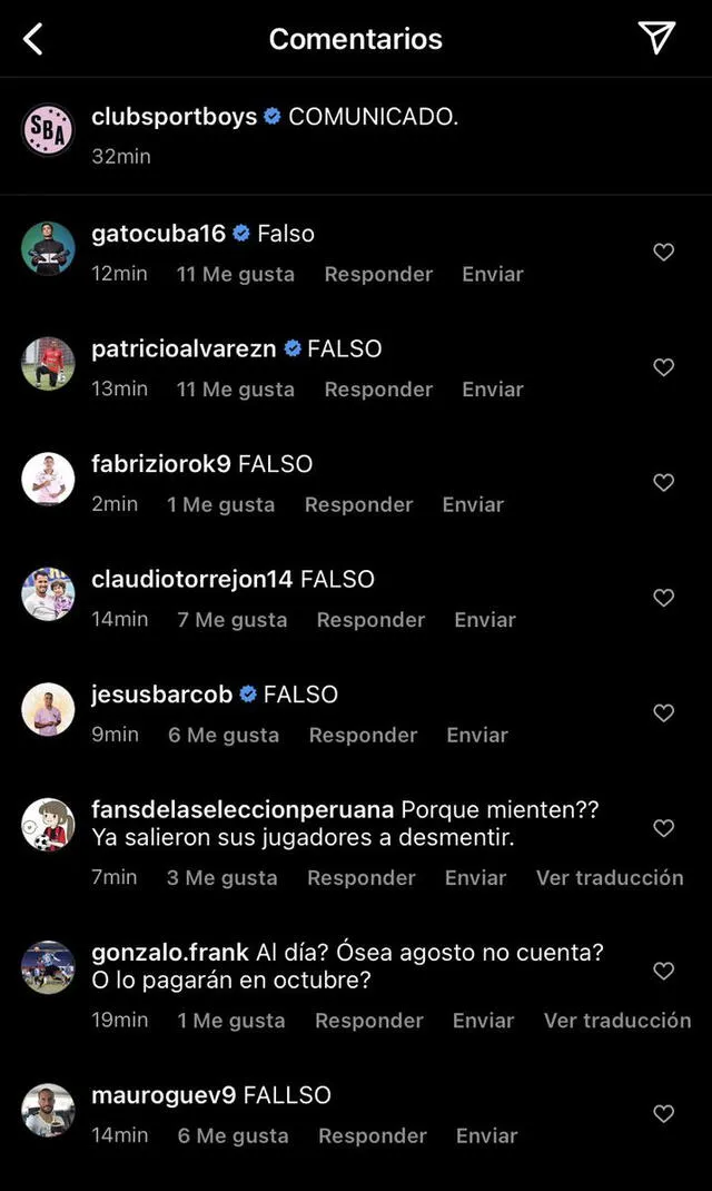 Comentarios de los futbolistas de Sport Boys al comunicado emitido por el club. Foto: captura de Instagram