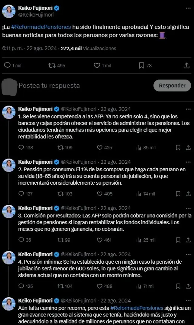 Hilo de X de Keiko Fujimori defendiendo la reforma de pensiones | Composición: X. Hilo de X de Keiko Fujimori defendiendo la reforma de pensiones | Composición: X.