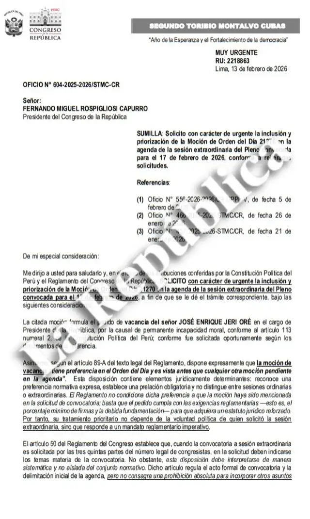  Documento presentado por el congresista Segundo Montalvo al presidente del Congreso. Foto: La República   