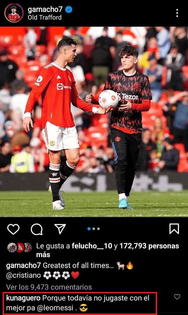 La publicación de Alejandro Garnacho mencionando a CR7 como el mejor de todos los tiempos. Foto: captura Instagram