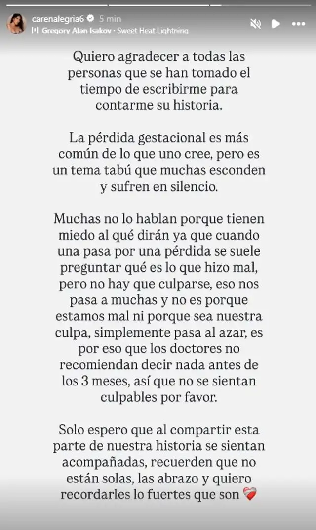 Mensaje de Caren Alegría. Foto: Instagram 