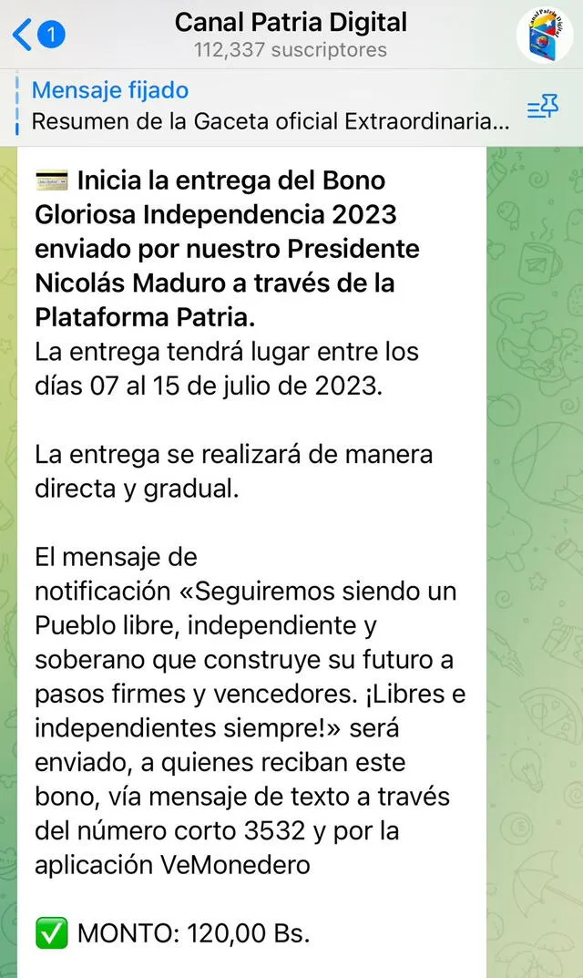  Se confirma la entrega del Bono Gloriosa Independencia 2023 por la plataforma Patria. Foto: Canal Patria Digital/ Telegram   